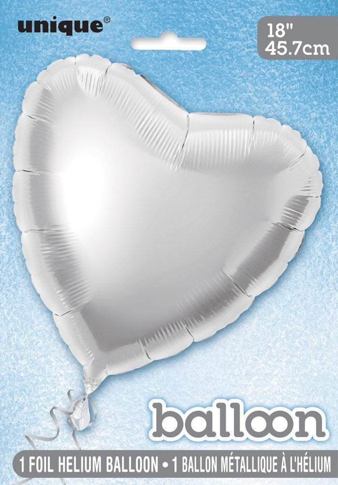 Silver metallic heart-shaped foil balloon, 18-inch, shiny and reflective surface.