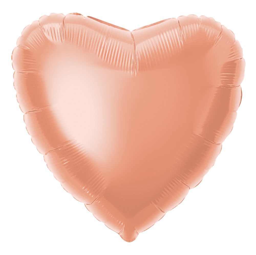 Shiny rose gold foil balloon shaped like a heart, 18 inches wide, smooth surface with sealed edges.