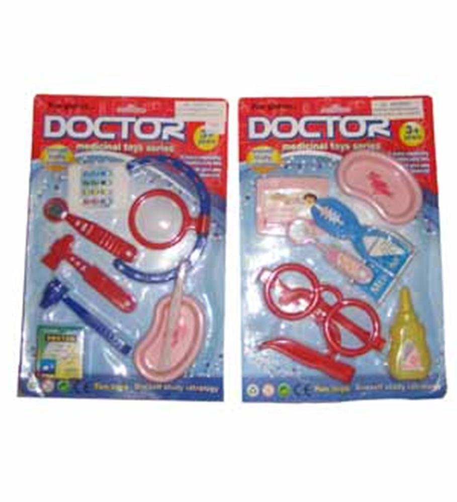 Two doctor play sets in red and blue packaging, each containing brightly colored plastic medical tools like stethoscopes,.