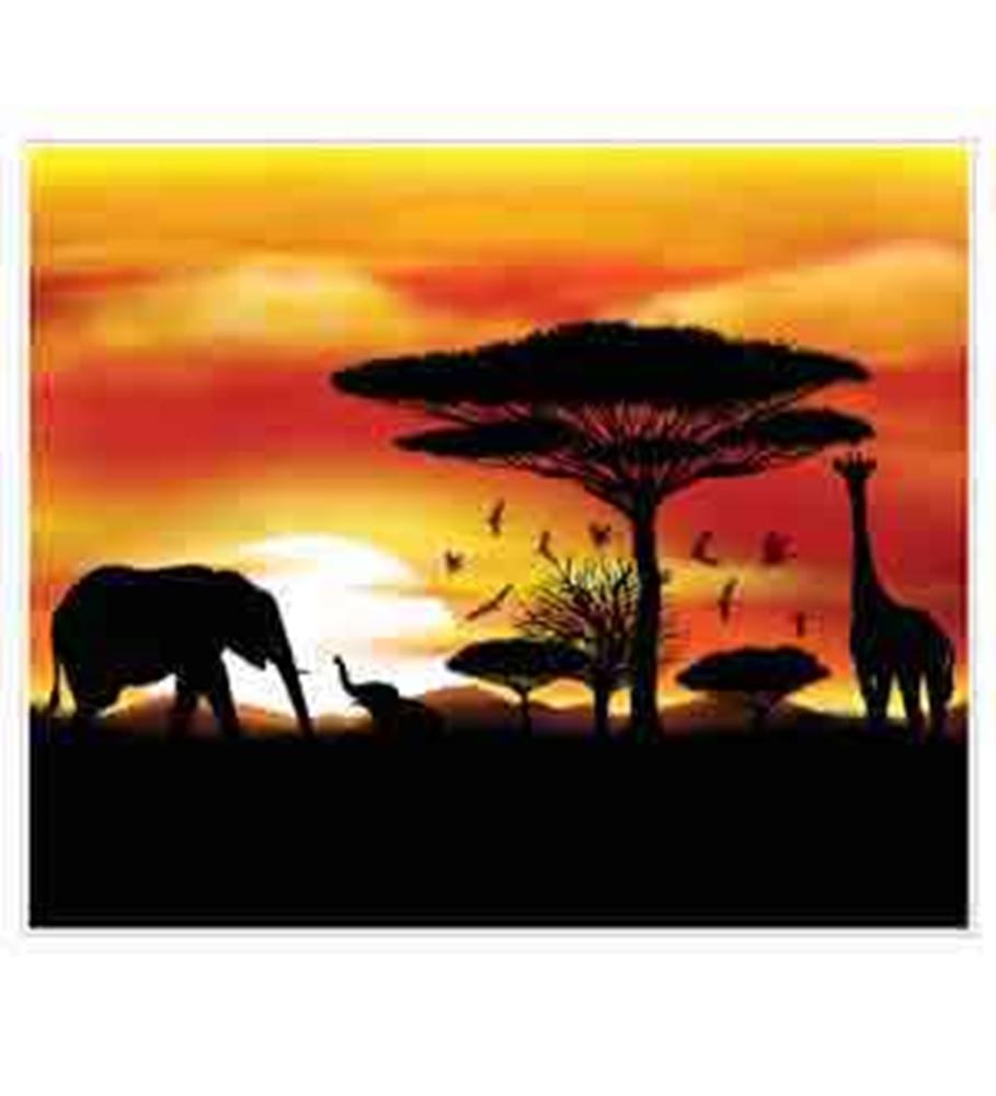 Sunset-colored jungle safari mural with silhouettes of elephant, giraffe, acacia tree, and birds.