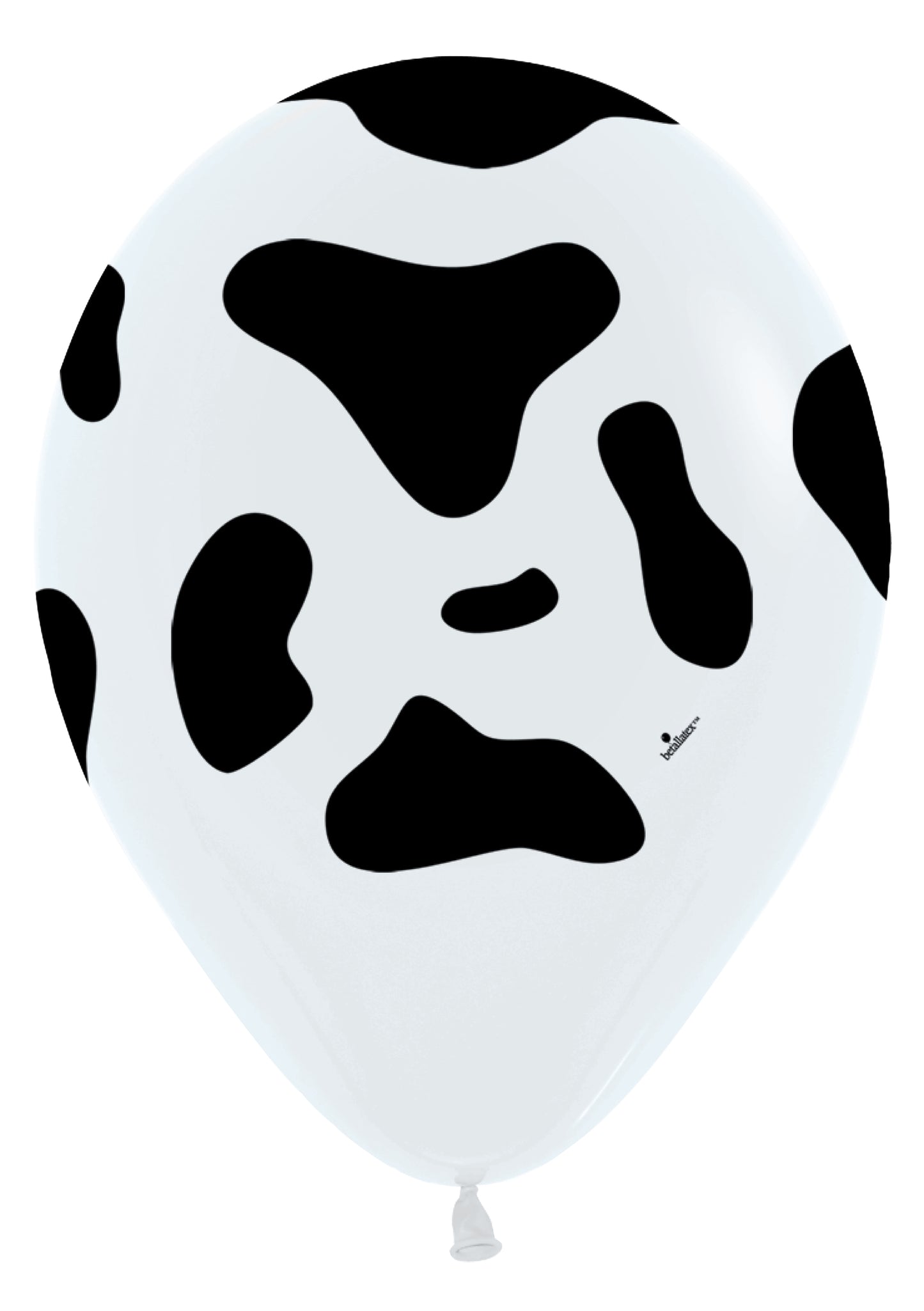 White latex balloon with irregular black cow print spots, 5-inch diameter.