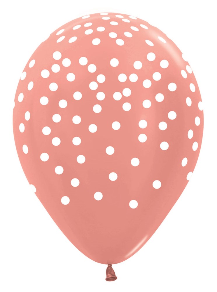 11-inch rose gold latex balloon with scattered white confetti dots, round shape.