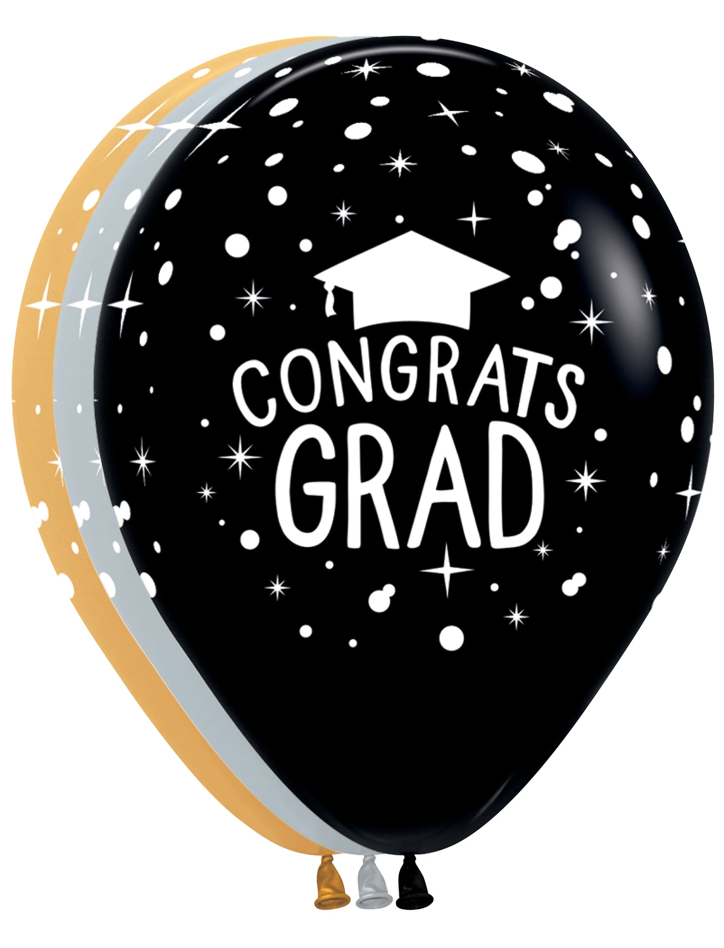 Black latex balloon with white "Congrats Grad" text and graduation cap, decorated with white stars and dots.