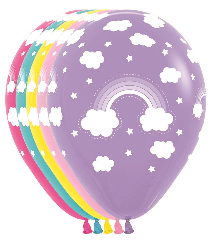 11 inch latex balloons in purple, blue, yellow, pink, and red with white clouds and rainbow designs, pack of 50.
