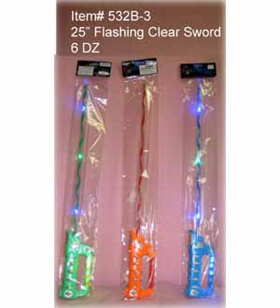 Three 25-inch plastic toy swords in green, orange, and blue, each with flashing multicolored lights and packaged in clear.