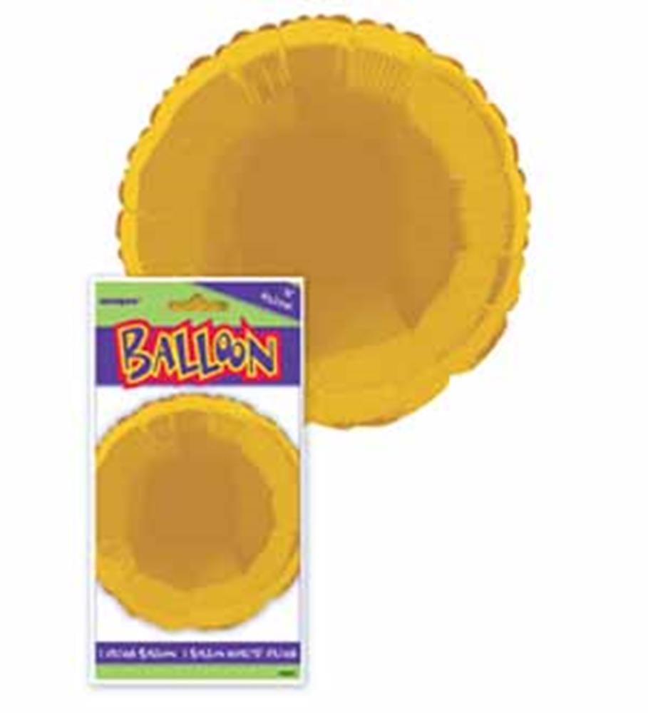 Round gold foil balloon with smooth shiny surface and scalloped edges, 18 inches wide.