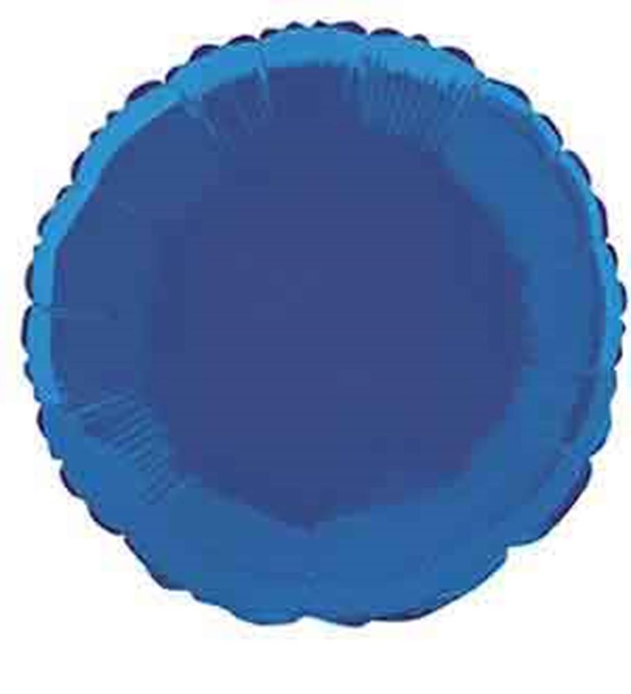 Round royal blue 18-inch foil balloon with scalloped edges and shiny finish.