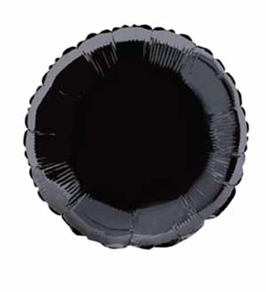 Round black 18-inch shiny foil balloon with scalloped edges.