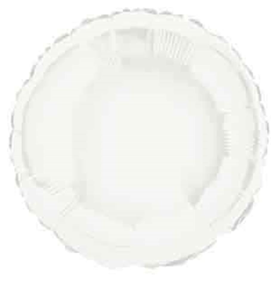 White 18-inch round foil balloon with a smooth, shiny surface and scalloped edges.