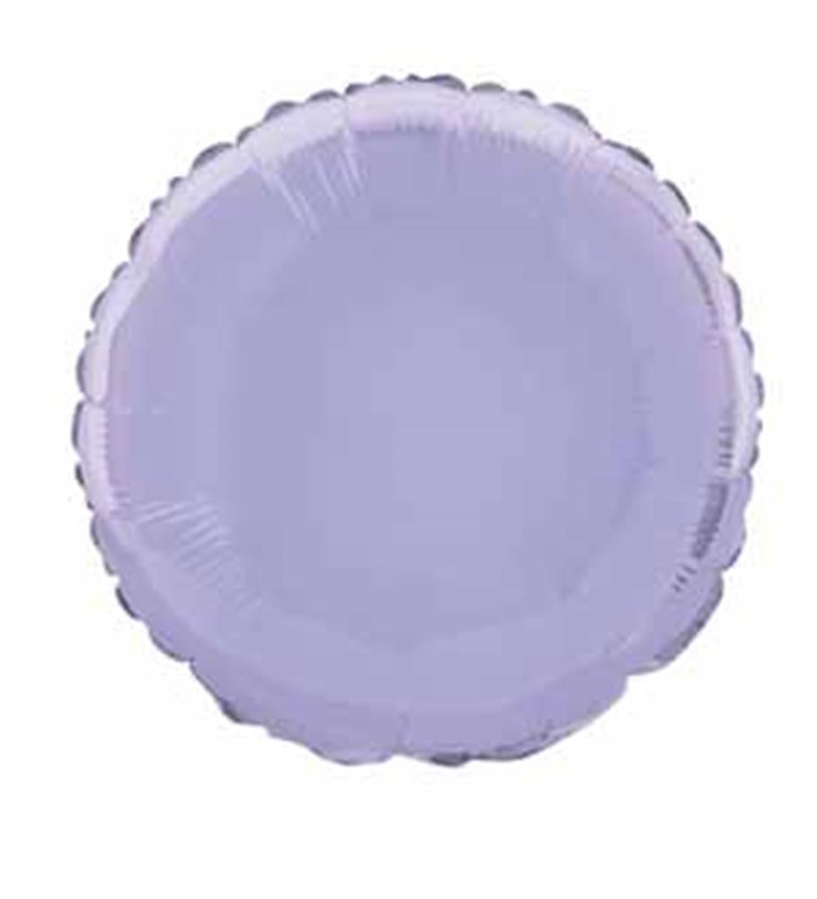 Round 18-inch foil balloon in solid lavender with scalloped edges.