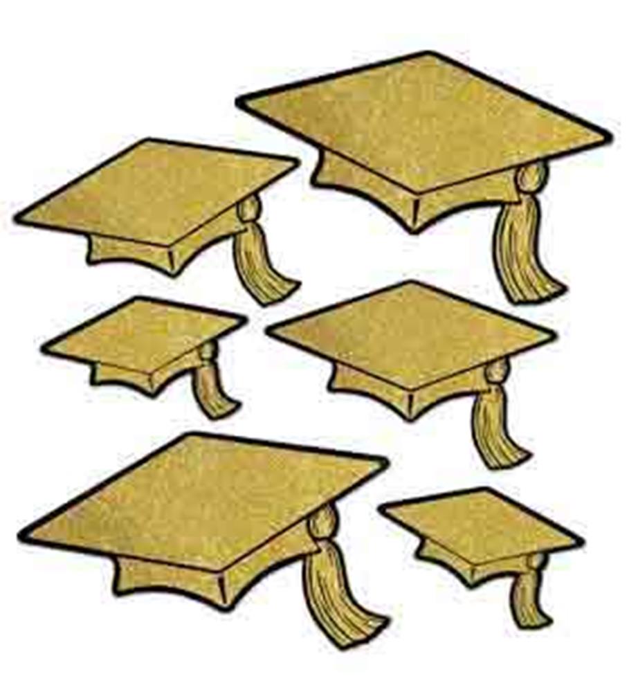 Set of six gold foil graduation cap cutouts with tassels in varying sizes.