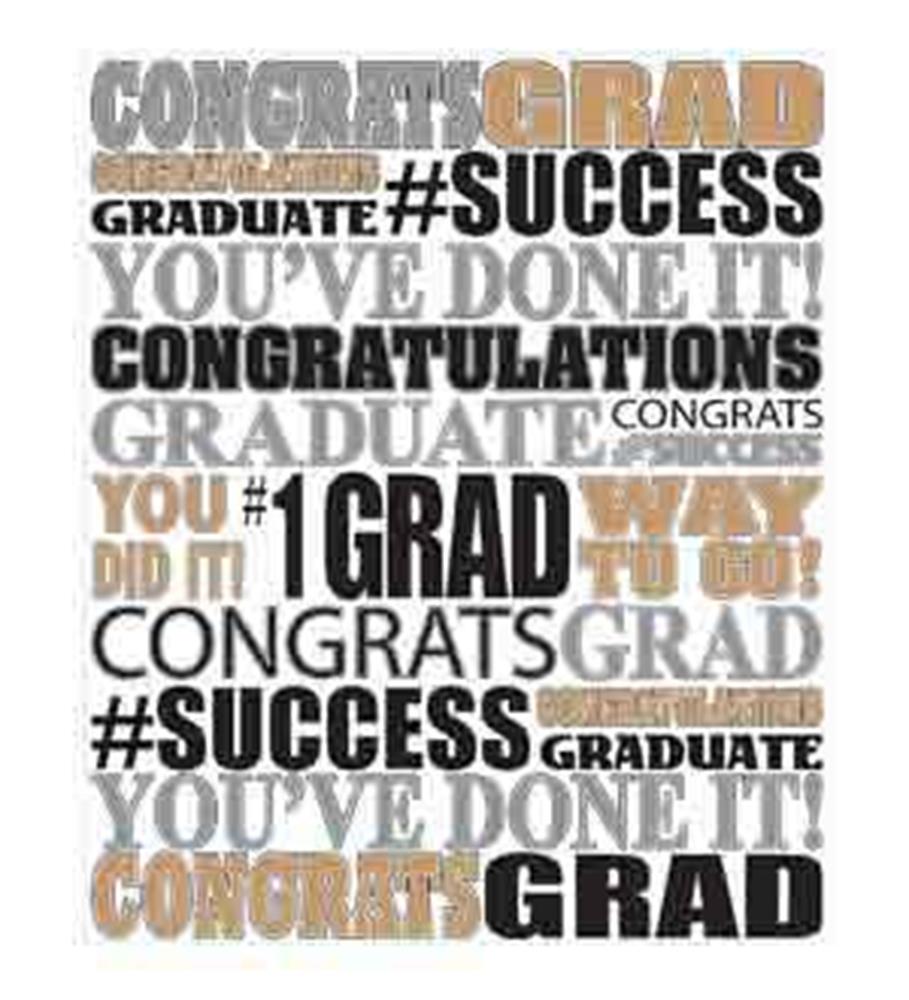 Graduation photo mural with bold black, gray, and gold text phrases celebrating success and graduation milestones.