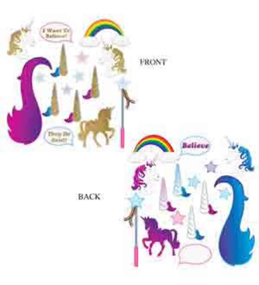 Colorful unicorn-themed photo props featuring unicorn silhouettes, horns, rainbows, stars, and speech bubbles with playful.