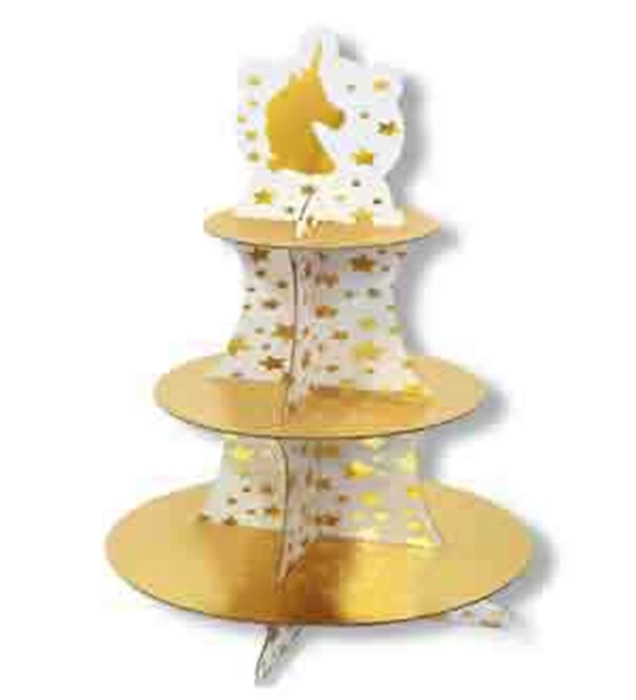 Three-tier gold cupcake stand with unicorn silhouette and star cutouts, cardboard material.