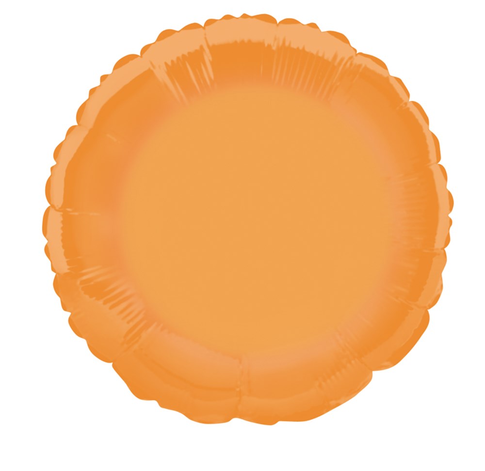 Round 18-inch orange foil balloon with scalloped edges and smooth shiny surface.