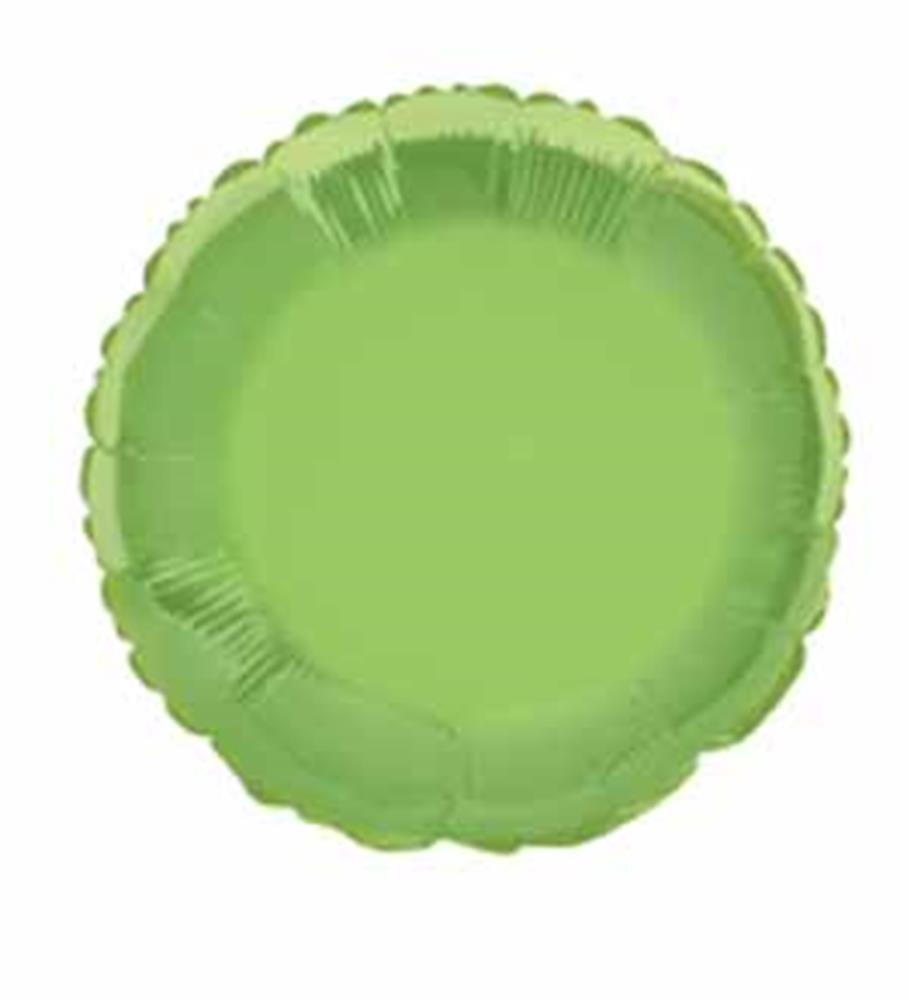 Round 18-inch lime green foil balloon with a shiny surface and scalloped edges.