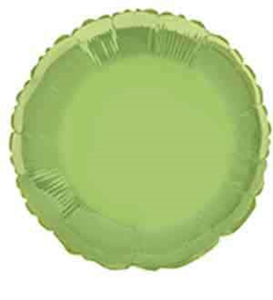 Round 18-inch lime green foil balloon with scalloped edges and glossy finish.