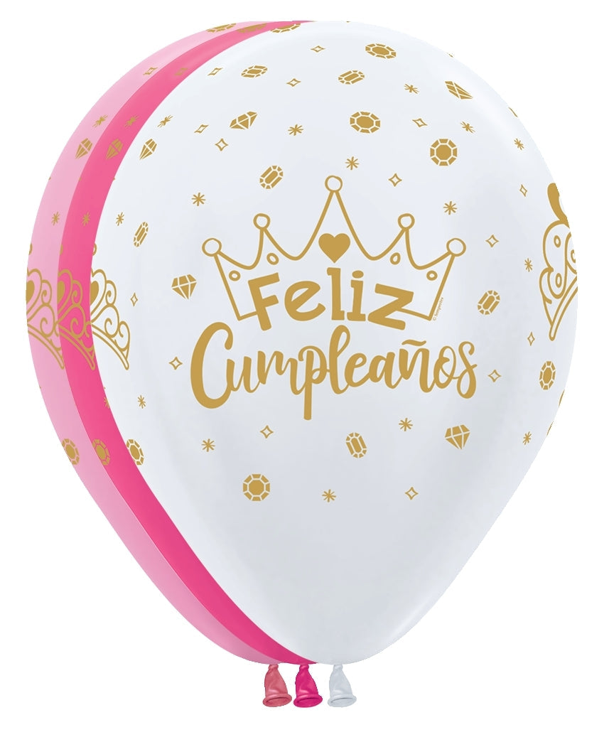 Assorted 11-inch latex balloons in white, pink, and red, featuring gold "Feliz Cumpleaños" text and crown designs.