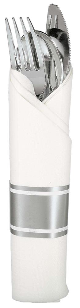 Set of silver metal fork, knife, and spoon in a white cloth napkin with two silver stripes.