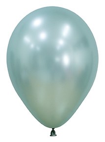 Single shiny cool mint green latex balloon with a smooth, silk-like finish and a tied black neck.