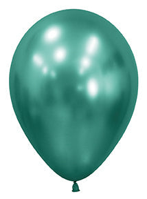 Shiny green latex balloon with smooth surface and standard teardrop shape, 11 inch size.
