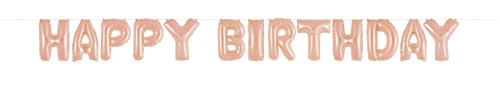 Rose gold foil balloons spelling "HAPPY BIRTHDAY" in large 14-inch letters with a shiny finish.