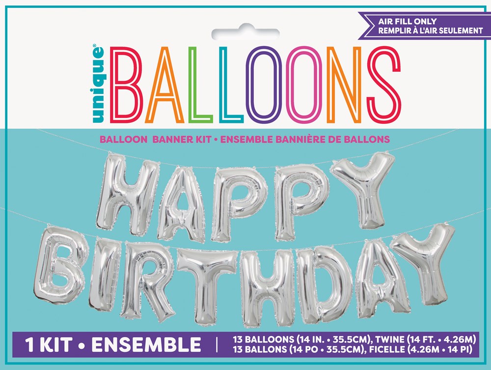 Silver foil balloon banner spelling "HAPPY BIRTHDAY" in large 14-inch letters, packaged in clear plastic with colorful.