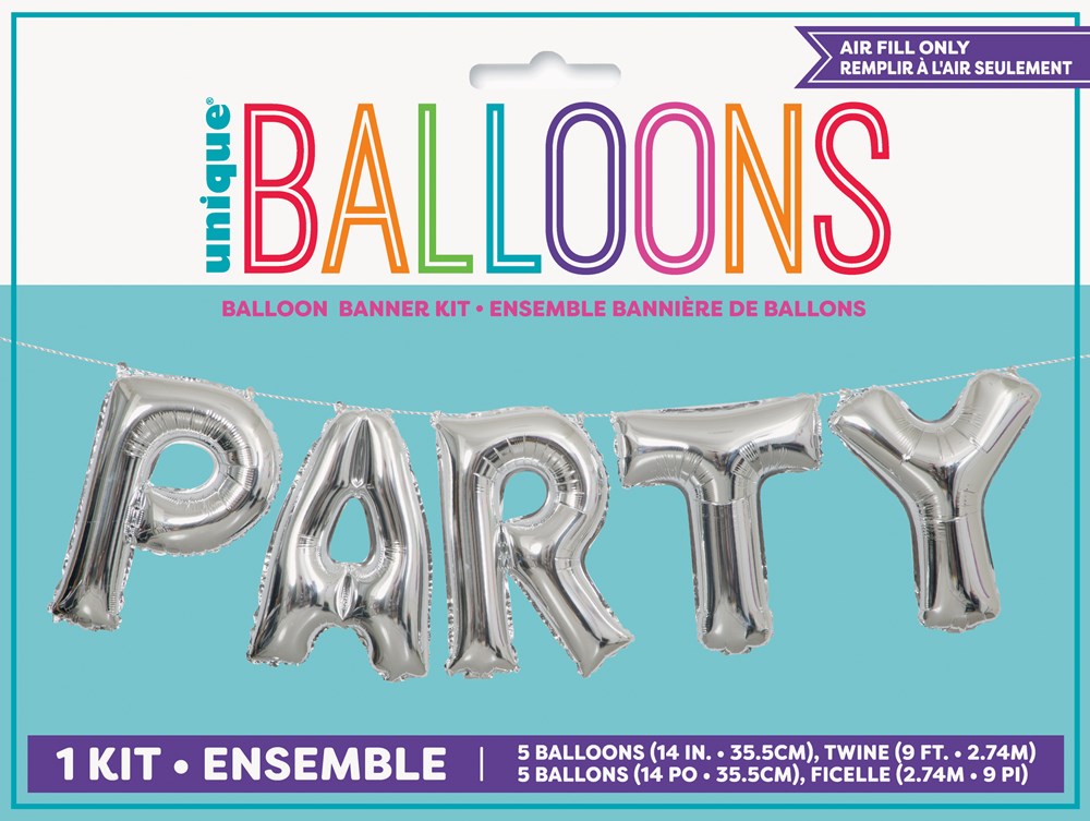 Silver foil balloons spelling "PARTY," each letter 14 inches tall, packaged in a colorful hanging kit.