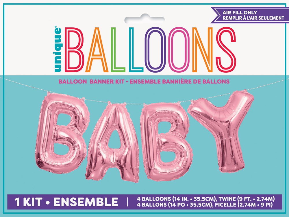 Pink metallic foil balloons spelling "BABY" in 14-inch tall letters with a shiny finish.