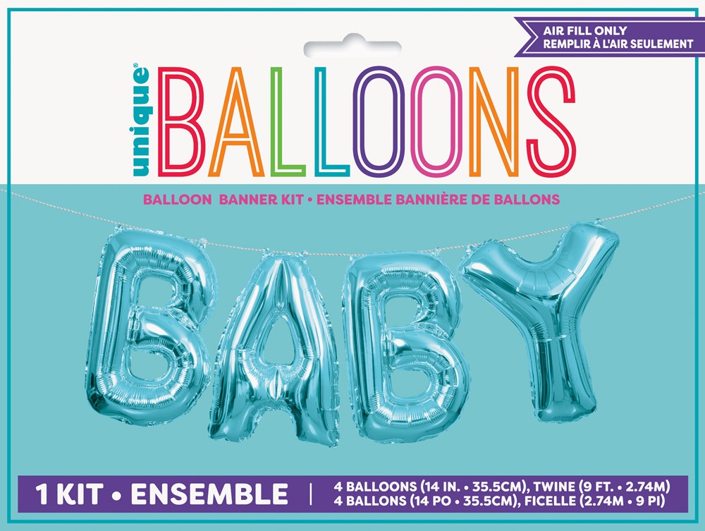 Four blue foil balloons spelling "BABY" in large, shiny letters for a 14-inch balloon banner kit.