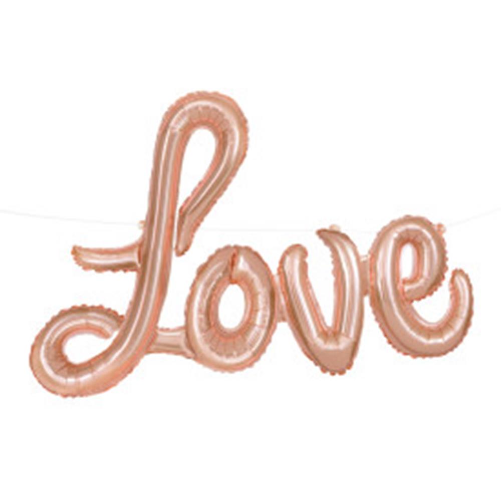 Rose gold foil letter balloons spelling "Love" in cursive, each balloon 36 inches tall, inflated and shiny.