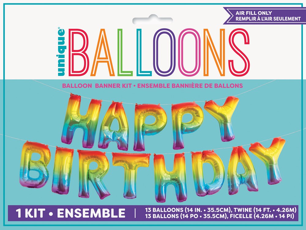 Colorful metallic rainbow foil balloons forming the words "HAPPY BIRTHDAY" in bold block letters, each balloon approximately