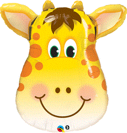 Yellow foil balloon shaped like a smiling giraffe head with orange spots and large green eyes.