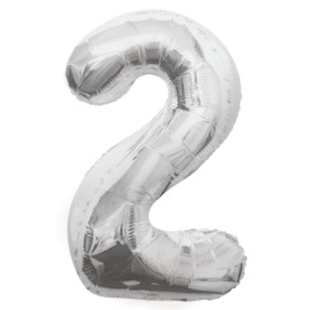 34-inch silver foil balloon shaped as the number 2 with a shiny metallic finish.