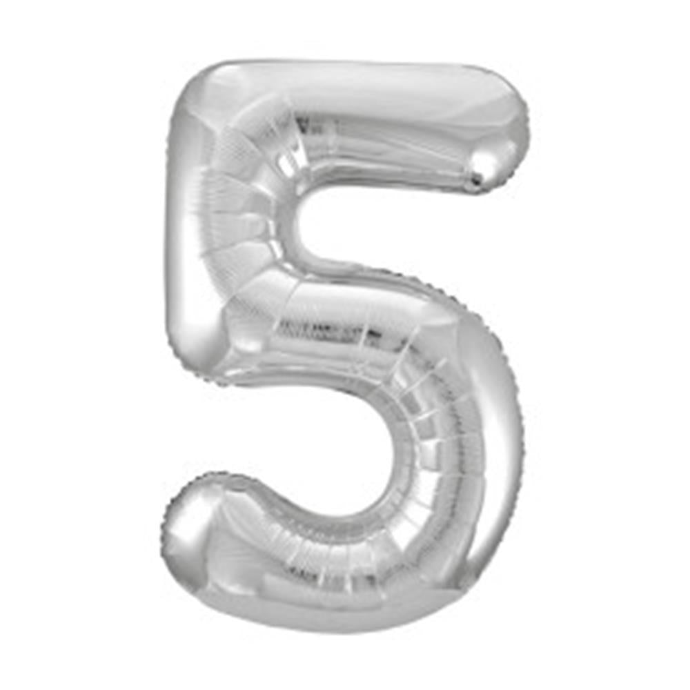 34-inch silver foil balloon shaped as the number 5 with a shiny metallic finish.