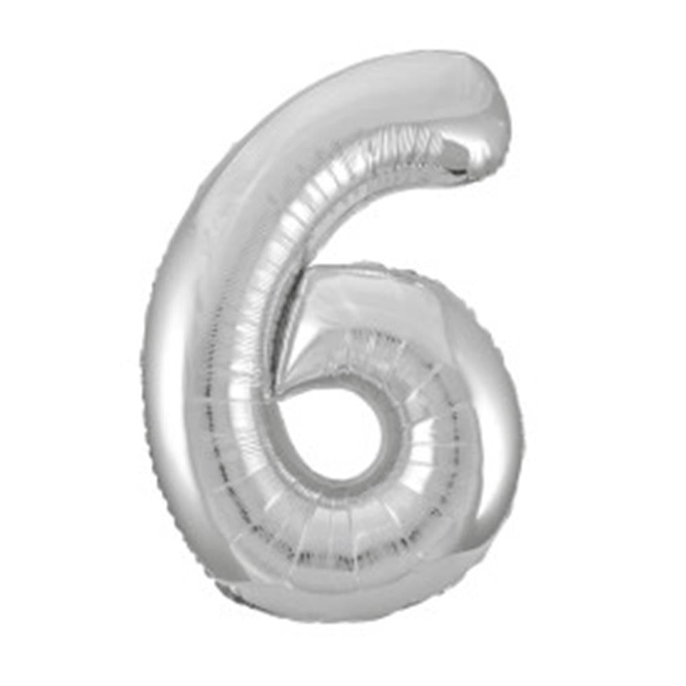 34-inch silver foil balloon shaped as the number 6 with a shiny, reflective surface.