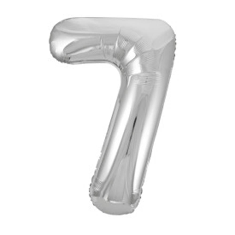 34-inch silver foil balloon shaped as the number 7 with a shiny metallic finish.