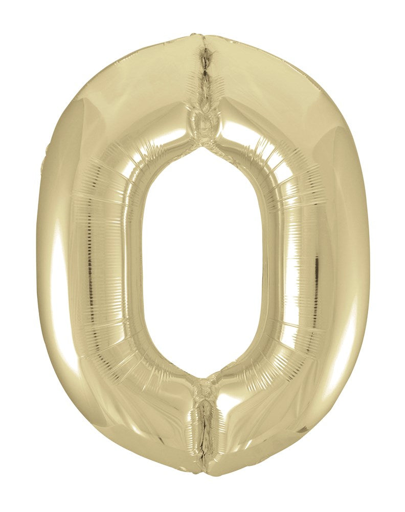 34-inch gold foil balloon shaped like the number zero with a metallic shine.