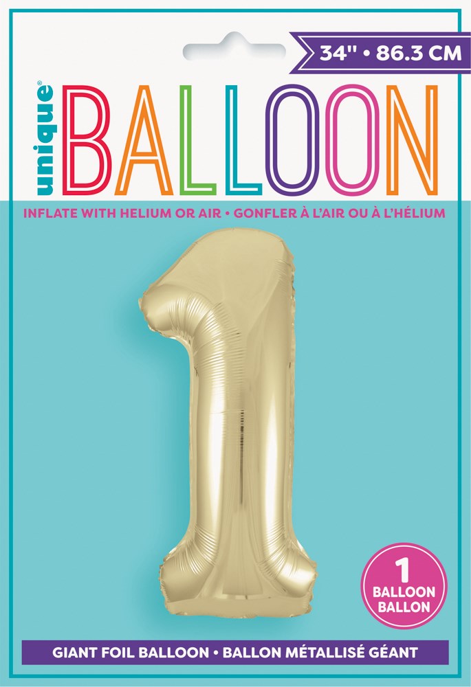 34-inch gold jumbo foil number 1 balloon in packaging with colorful text background.