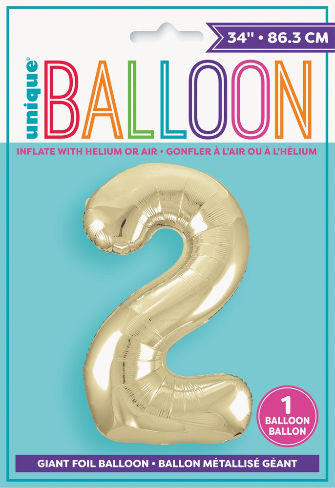 34-inch gold foil balloon shaped like the number 2 with a shiny metallic finish.
