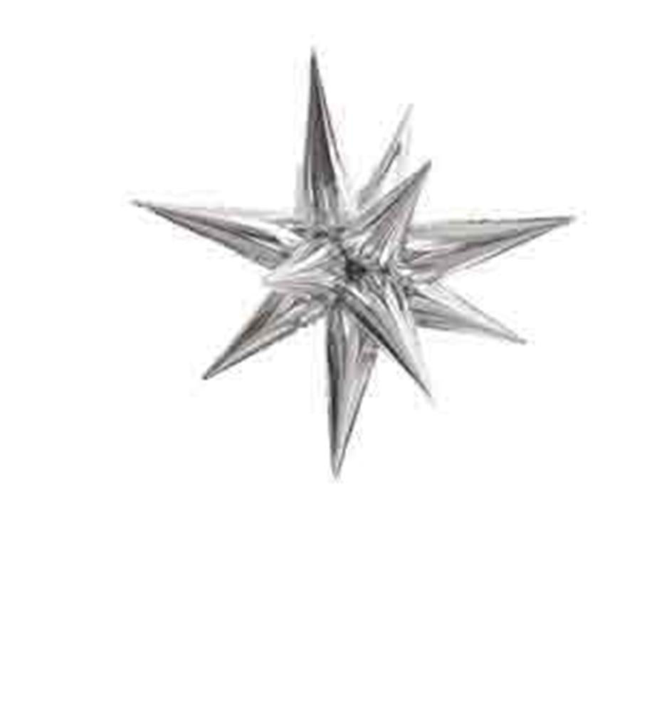 Silver foil balloon shaped like a 3D starburst with pointed elongated spikes.