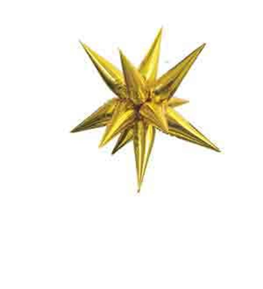 Large gold foil balloon shaped like a 3D starburst with pointed spikes.