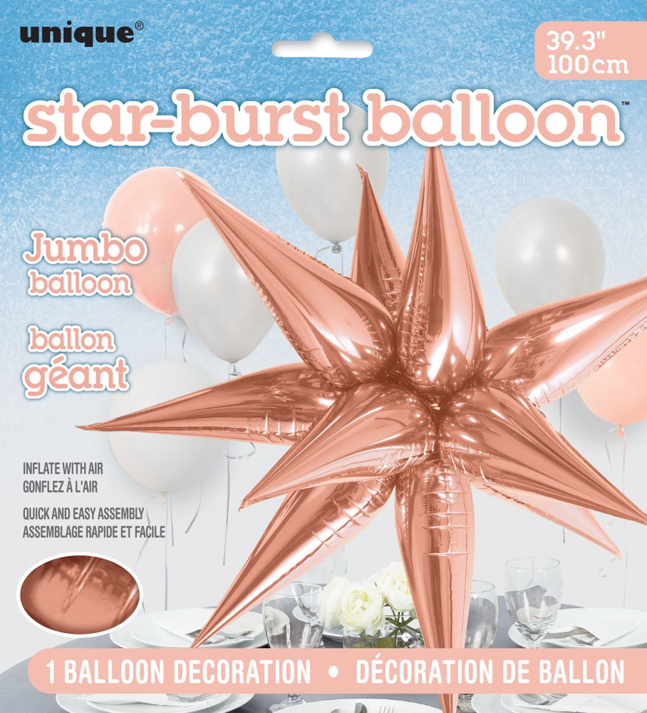 Rose gold foil balloon shaped like a 3D starburst with sharp pointed rays, 39.3 inches wide.