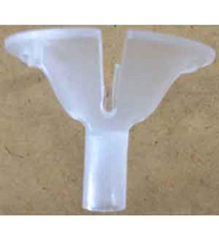 White translucent plastic balloon cup with a V-shaped slit for securing balloon necks.