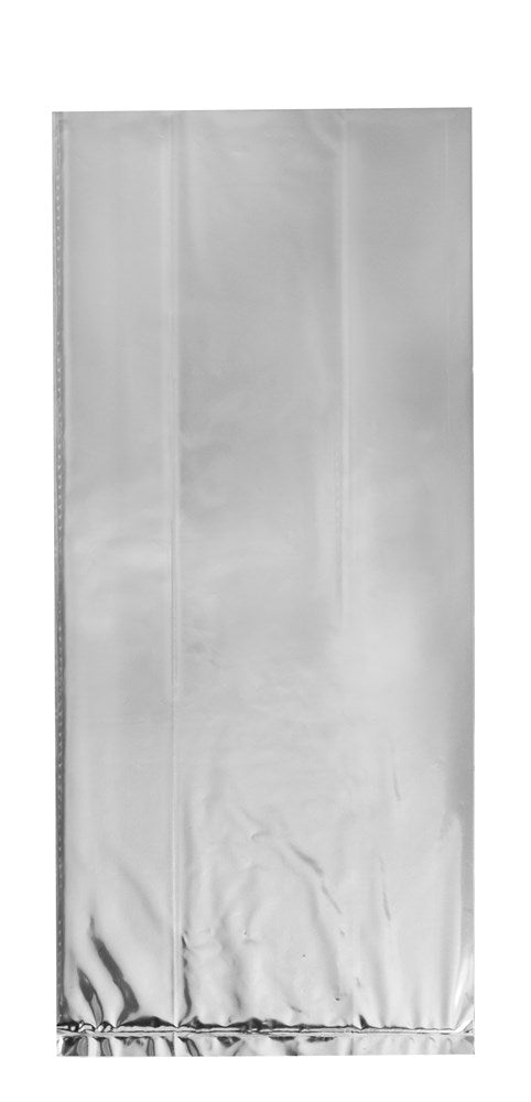 Set of ten shiny silver foil cellophane bags, rectangular shape, tall and narrow, smooth reflective surface.