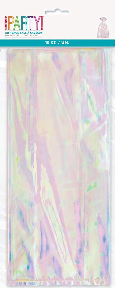 Set of ten 5x11-inch iridescent cello bags with shimmering pastel rainbow finish.