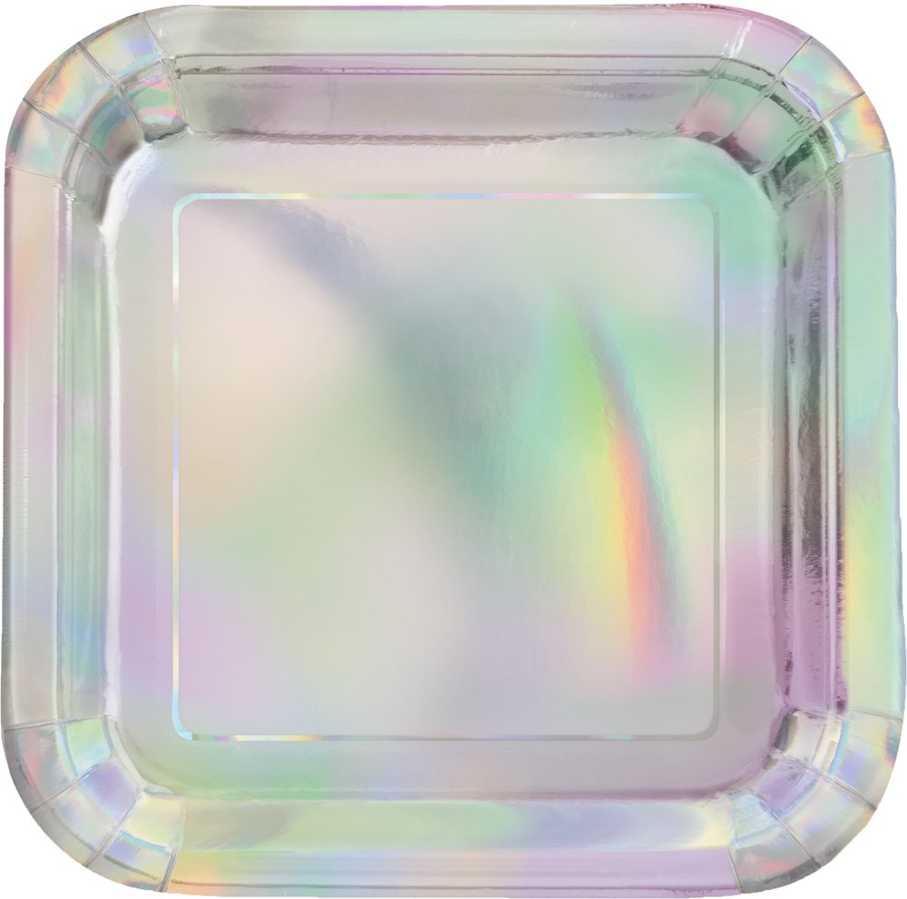 Square 7-inch iridescent plastic plate with rounded edges and a shiny rainbow sheen.
