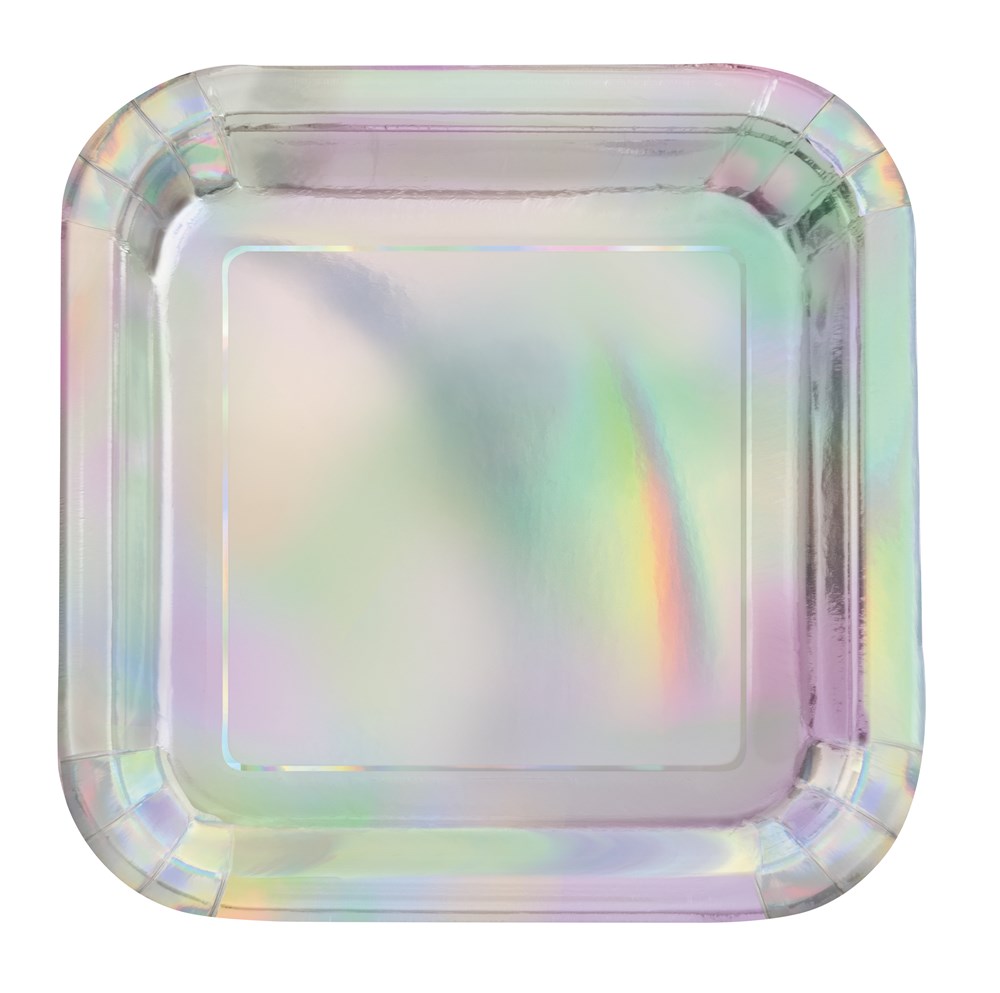 Square iridescent disposable plate with rounded corners and a shiny, rainbow-like finish.