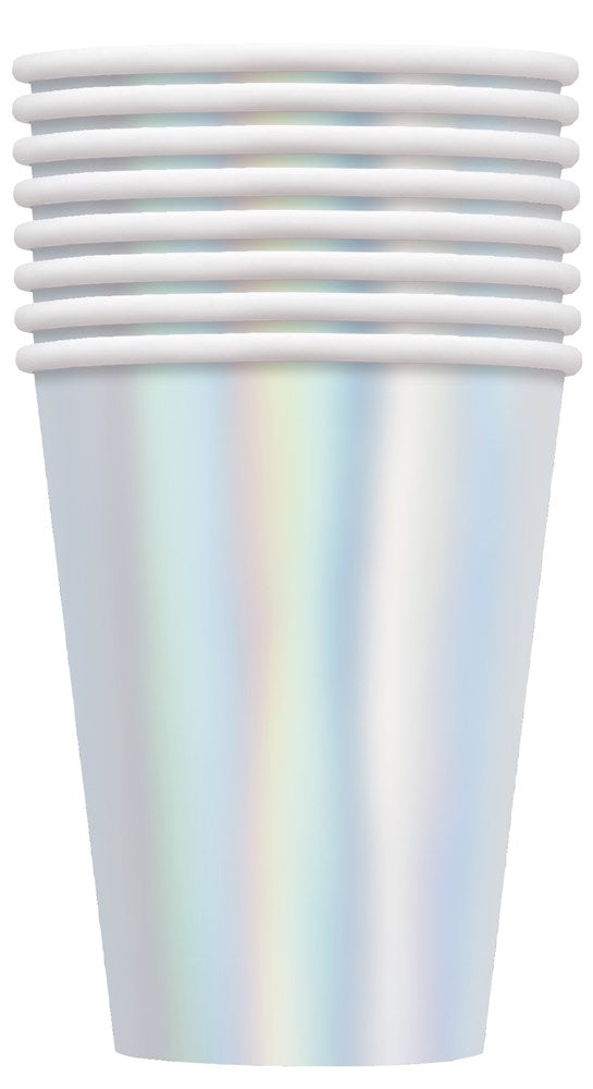 Stack of eight iridescent disposable cups with a shiny, rainbow-like finish and smooth surface.