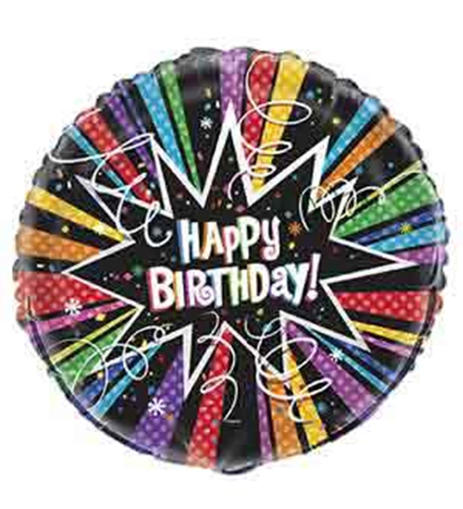 18-inch round foil balloon with colorful polka dot stripes and "Happy Birthday!" text in starburst design.